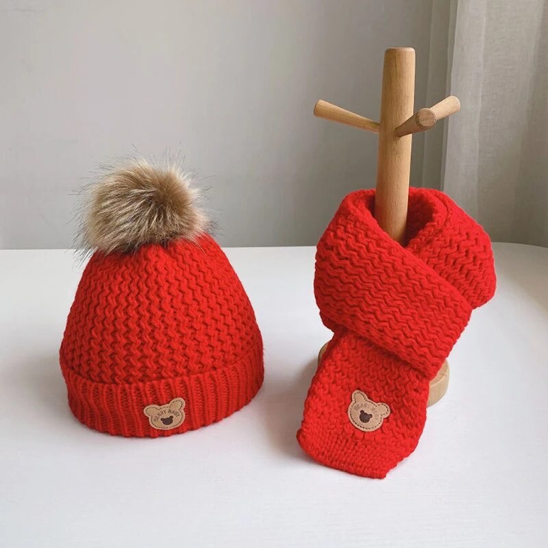 2Pcs Cute Bear Embroidery Baby Hats and Scarf Set childrensterritory