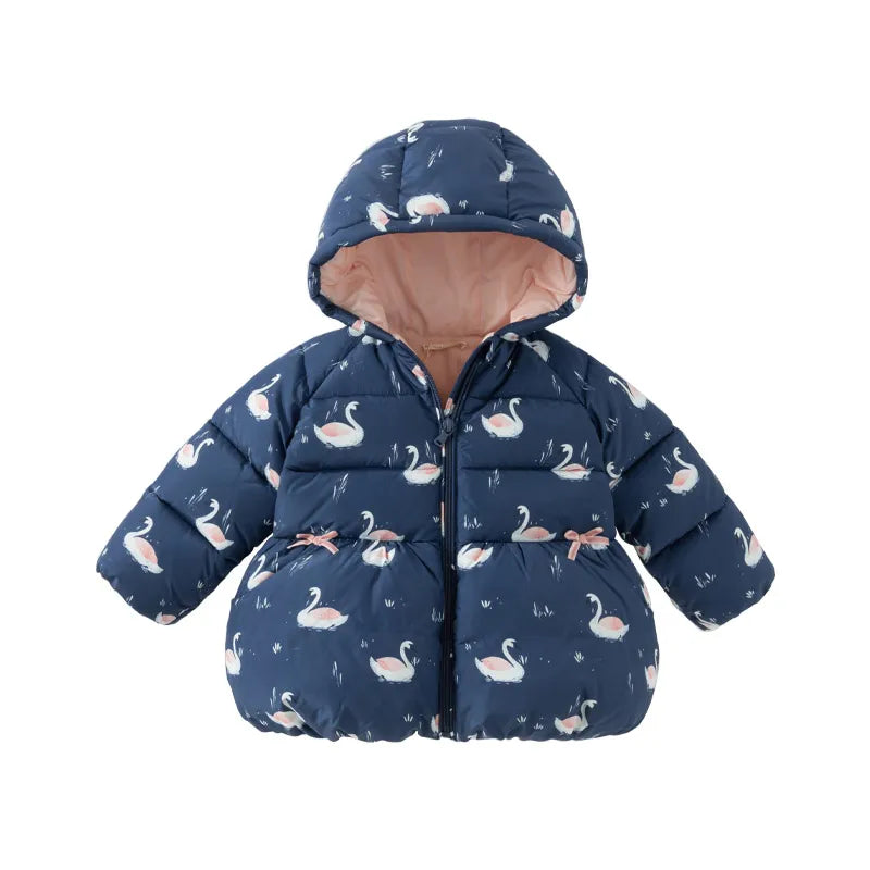 Girls Floral And Swan Printed Zipper Hooded Warm Jackets childrensterritory
