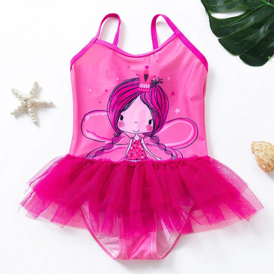 Ruffle Style Cartoon Design Kids Girls One Piece Swimwear