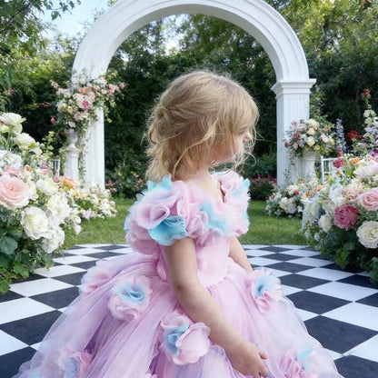 Backless Floral Long Train Girls Birthday Party Dresses