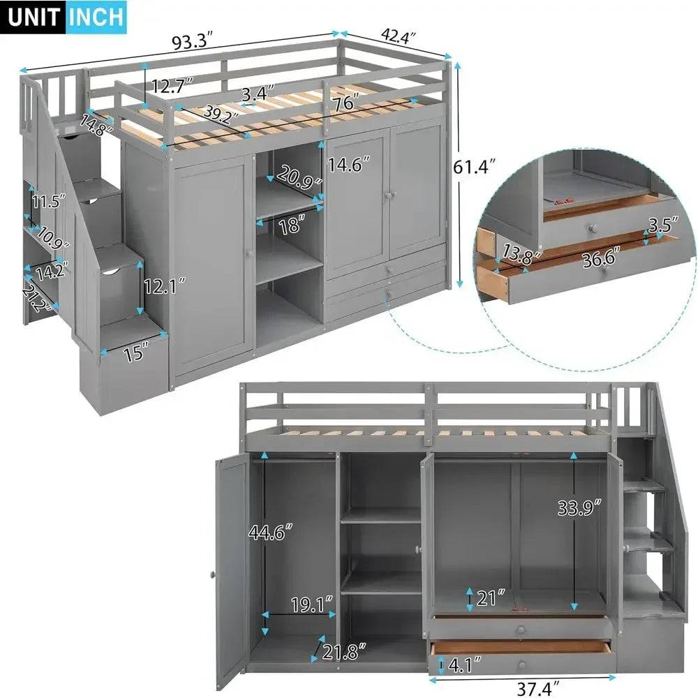 Multipurpose Loft Bed featuring Shelves, Closets, and Storage