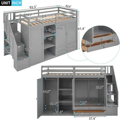 Multipurpose Loft Bed featuring Shelves, Closets, and Storage