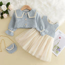 Kids Girls Retro Style Plaid Winter Party Dresses 2pcs Set