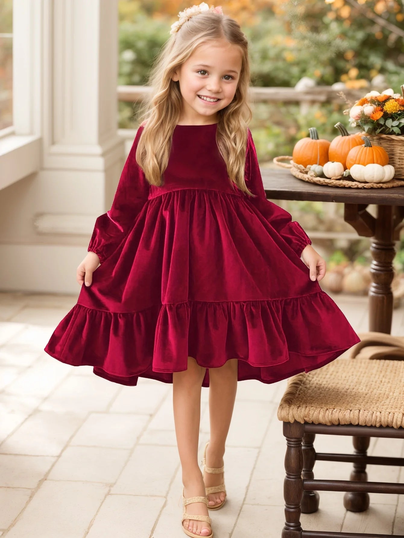 Kids Girls Velvet Long Sleeve Ruffle Hem Party Dresses