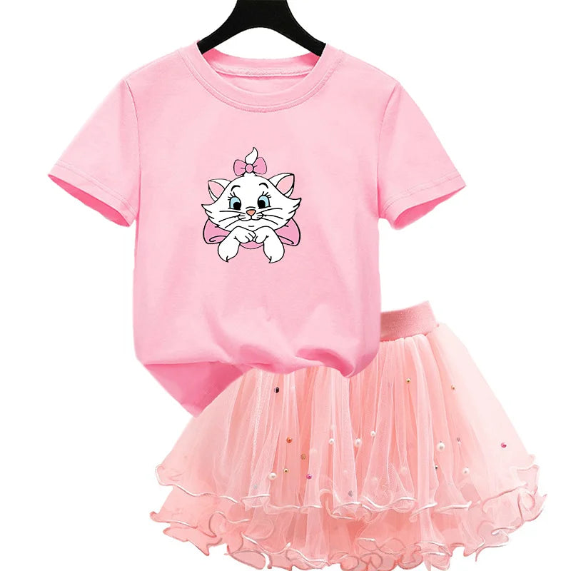 Kids Girls Marie Cat Design Summer T-shirt &amp; Tutu Skirt Set childrensterritory