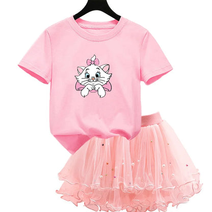 Kids Girls Marie Cat Design Summer T-shirt &amp; Tutu Skirt Set childrensterritory