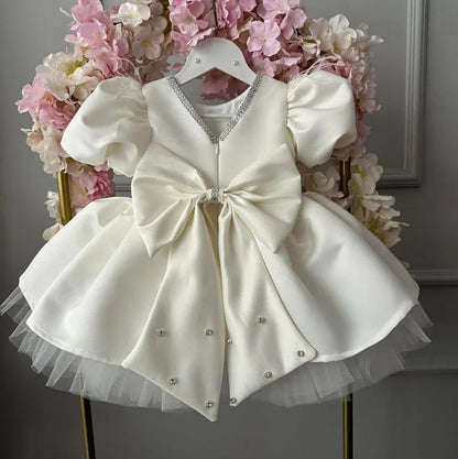 Baby/Kids Girls White Satin Party Dress with Big Bow Design childrensterritory
