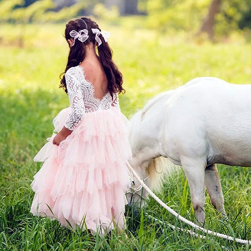 Kids Girls Lace Flower Design Layered Birthday Party Dress