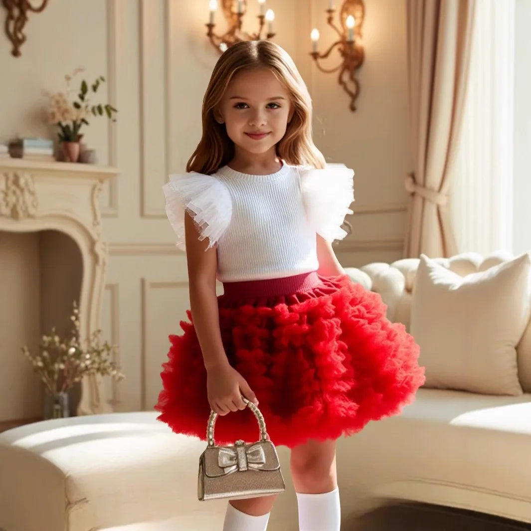 Kids Girls Flying Sleeve Top+gauze Skirt 2pcs Summer Set