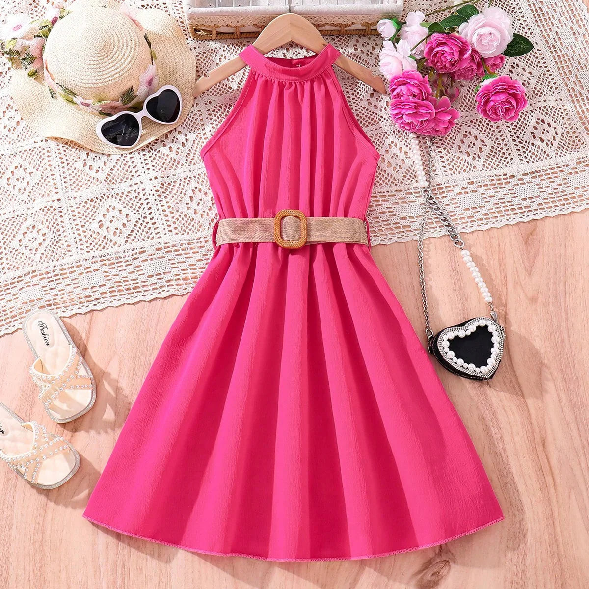 Kids Girls Off Shoulder Formal Summer Party Dresses With Belt