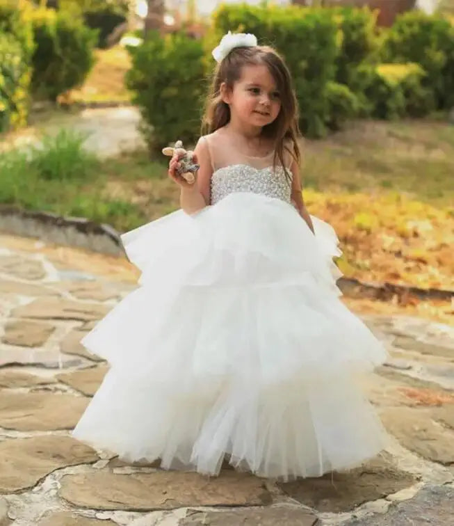 White Puffy Sheer Neck Glitter Pearls Beading Kids Pageant Gowns childrensterritory