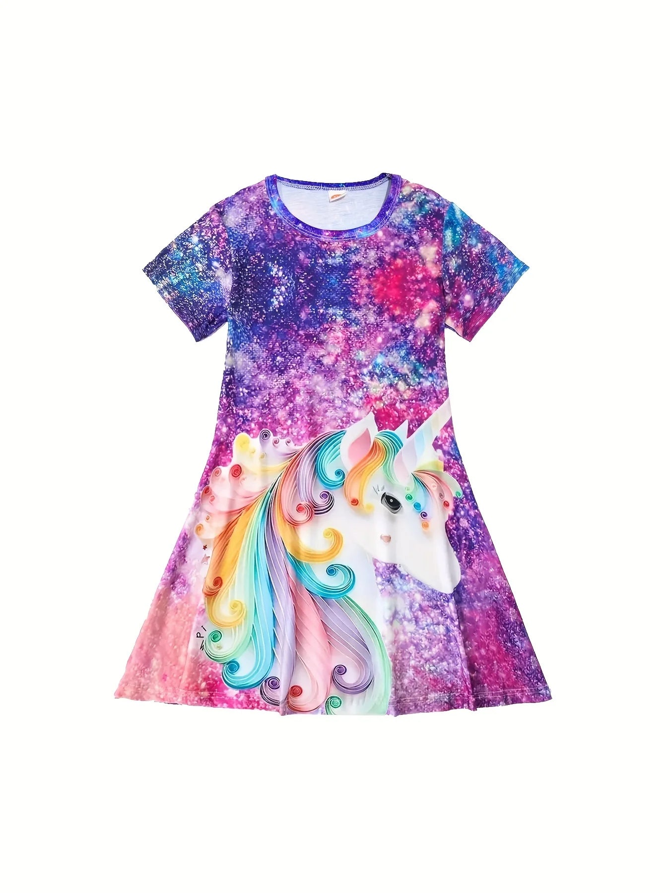 Girls' Casual Dress with Starry Unicorn Digital Print
