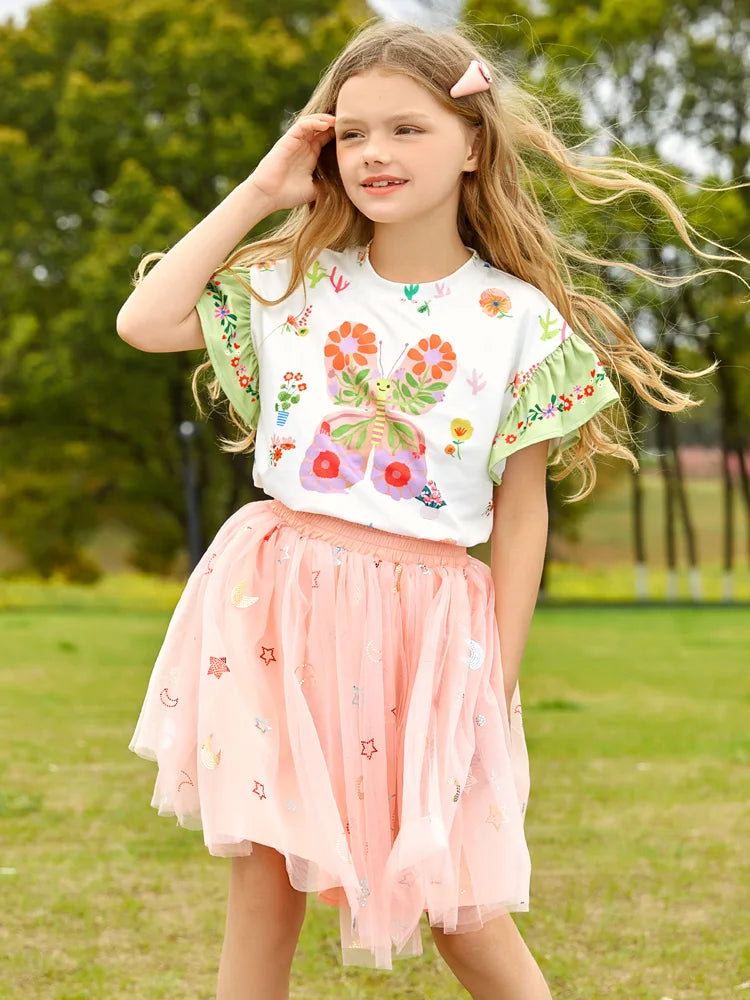 Cartoon Print Kids Girls T-shirt and Layered Skirt Set childrensterritory