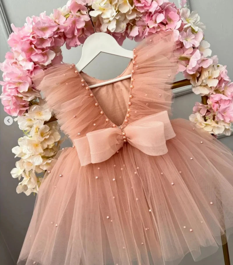 Pearls Design Cute Tulle Gown with Big Bow for Infant Girls