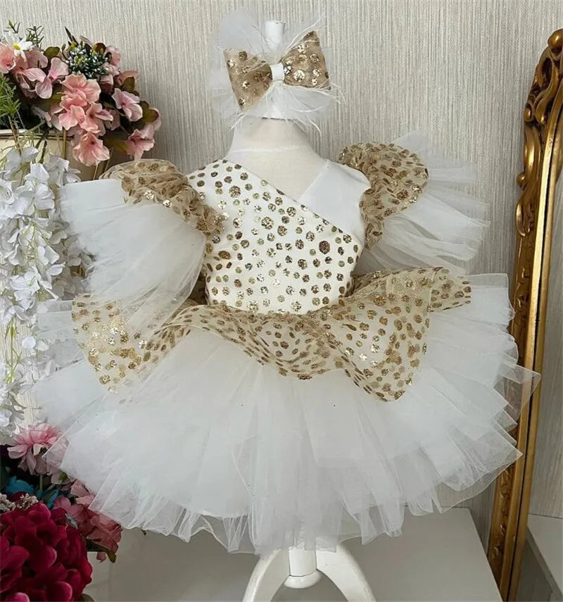 Baby/Kids Girls Gold Top Ivory Tulle Knee Length Dress