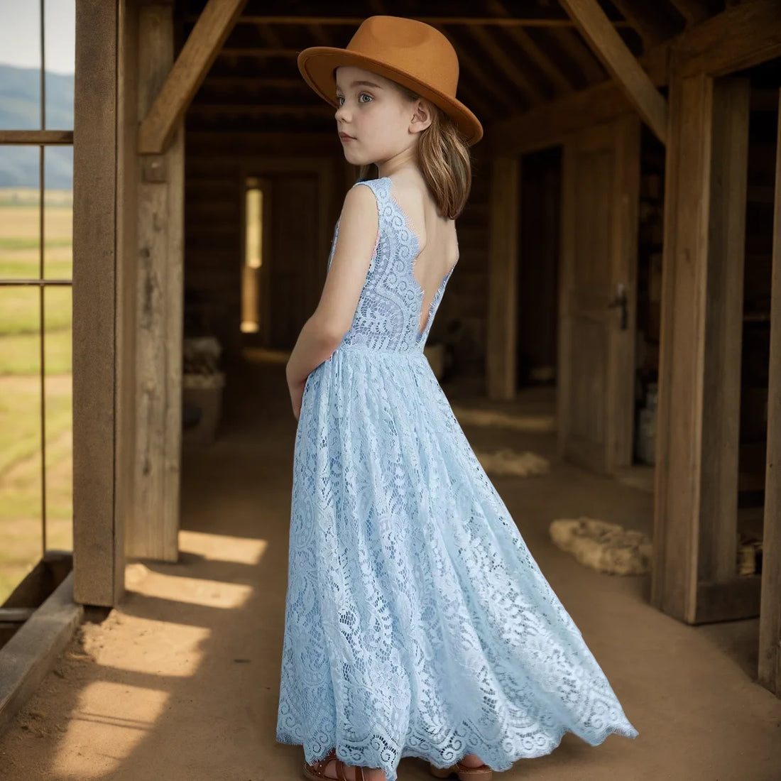 Solid Lace Design Long Wedding Flower Girl Cotton Dresses
