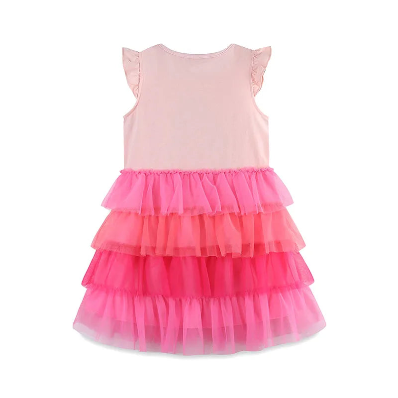 Kids Girls Cartoon Flamingo Pattern Layered Summer Dress childrensterritory