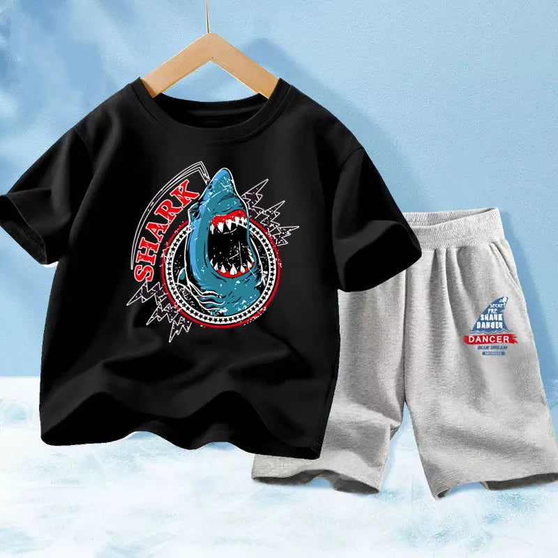Kids Boy Funny Shark Print T-Shirts and Half Pants Set childrensterritory