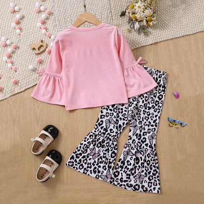 Girls Flared Sleeve Letter Printed Top with Leopard Print Pants Set childrensterritory