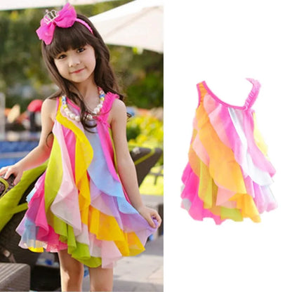 Sleeveless Rainbow Color Beach Dress For Kids Girls