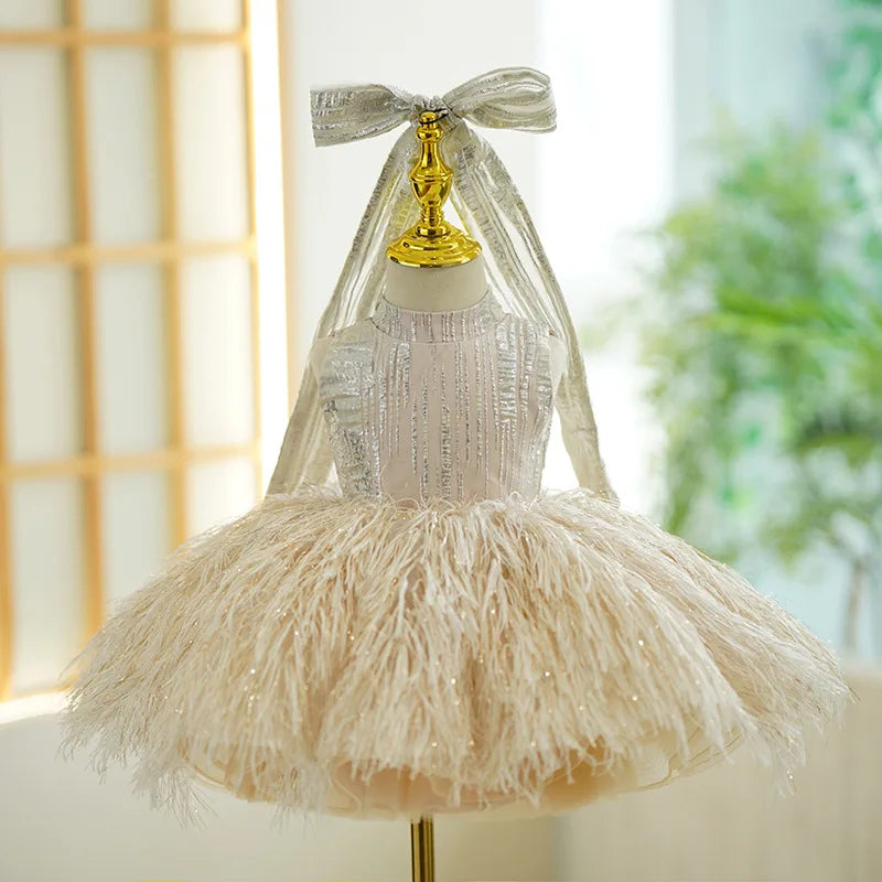 Kids Girls Puffy Feather Design Party Performance Dress childrensterritory