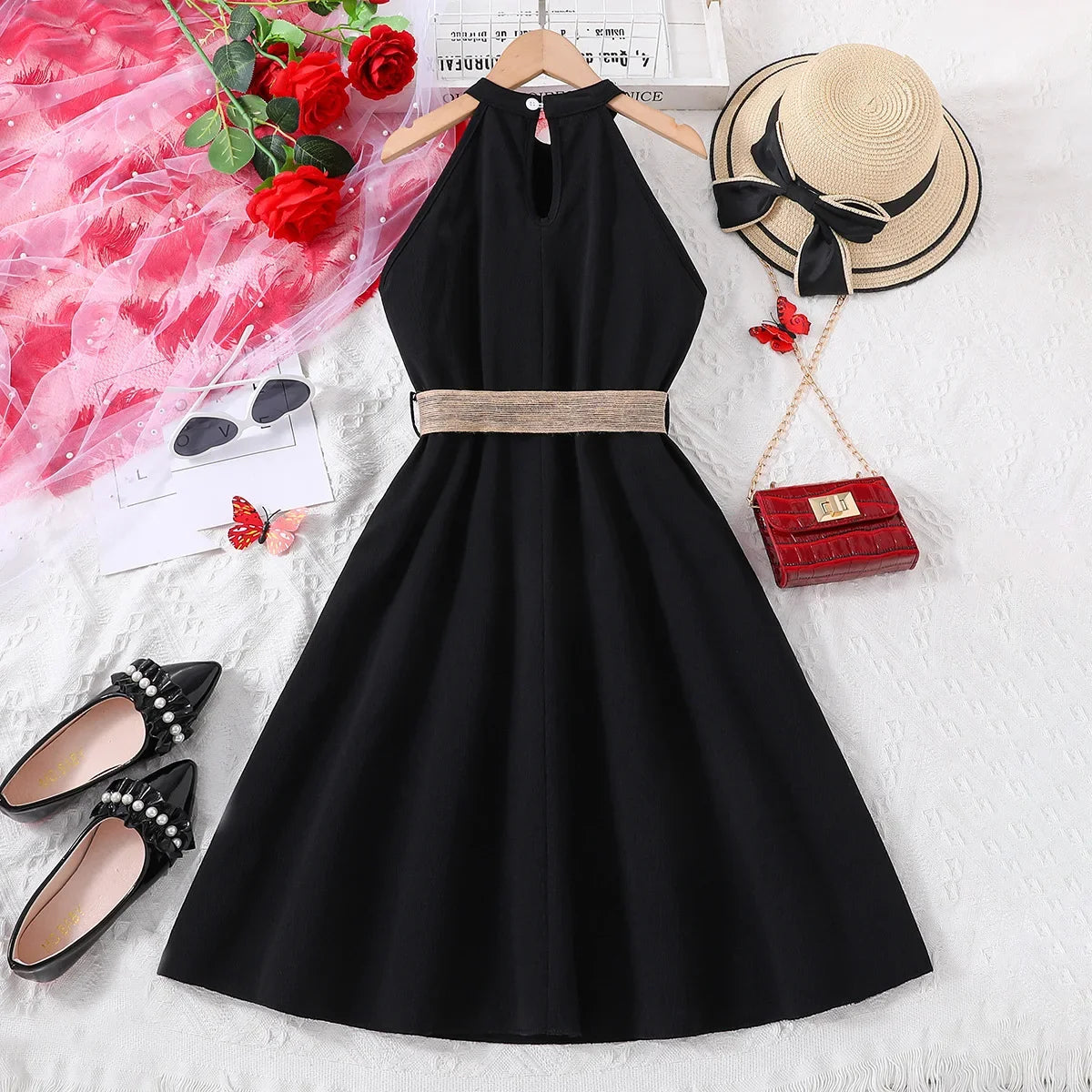 Kids Girls Off Shoulder Formal Summer Party Dresses With Belt