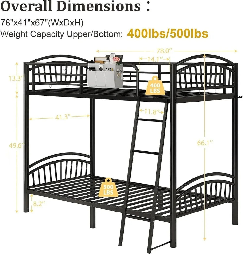 Convertible Metal Bunk Bed Frame with Removable Ladder &amp; Guard Rail