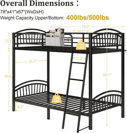 Convertible Metal Bunk Bed Frame with Removable Ladder &amp; Guard Rail