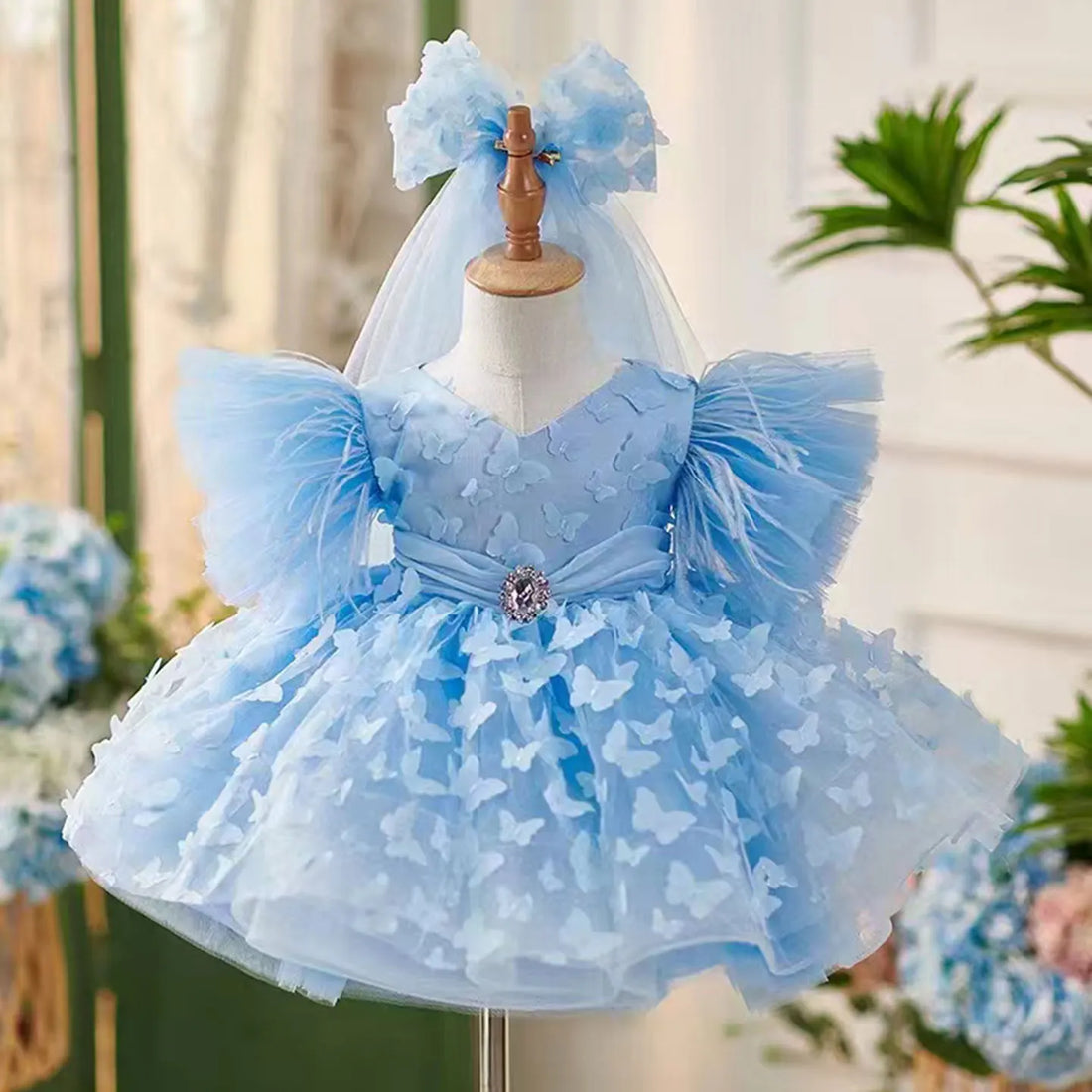 Elegant Butterfly Designed Blue Flower Girl Dress with Hairband childrensterritory