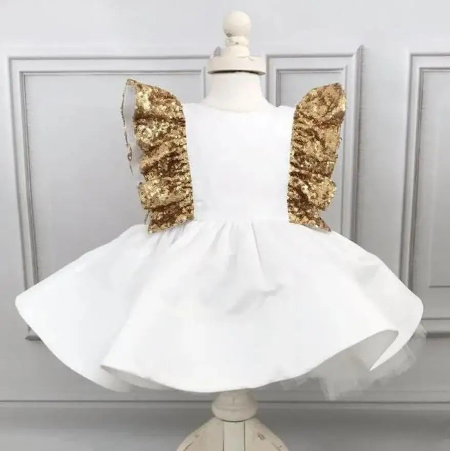 Gold Sequined Bow Knee Length First Birthday Party Dress childrensterritory