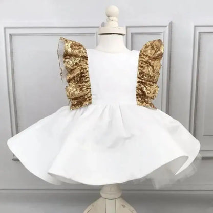 Gold Sequined Bow Knee Length First Birthday Party Dress childrensterritory