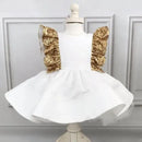 Gold Sequined Bow Knee Length First Birthday Party Dress childrensterritory