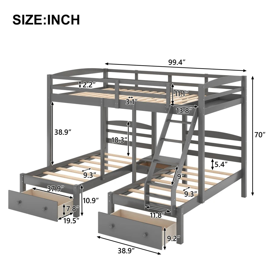 Complete Over Triple Bunk Bed with Drawers For Kids childrensterritory