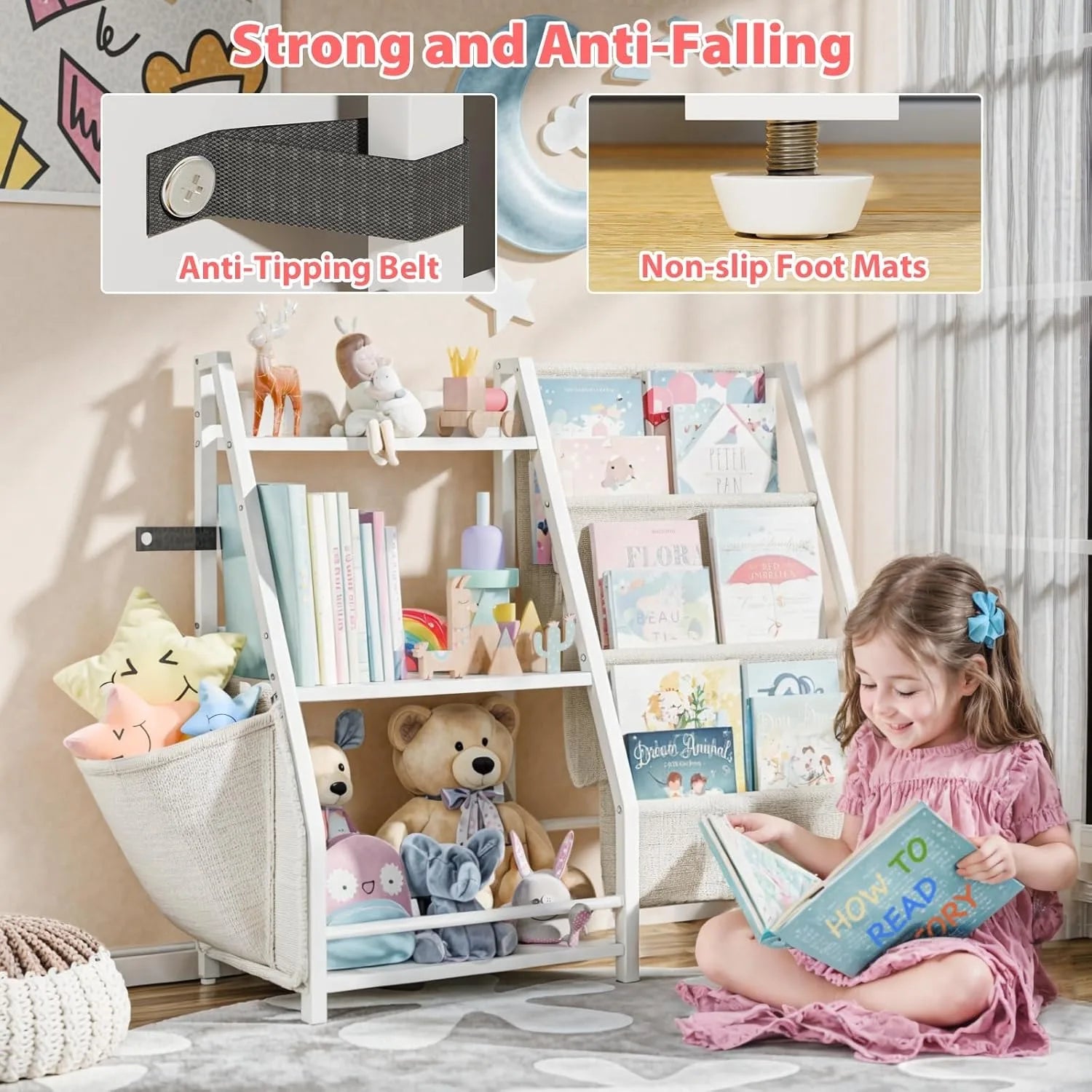 Kids 3-Tier Book Sling Shelf and Toy Storage Organizer