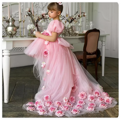 Off-Shoulder Tulle Wedding Party Gowns with Flowers for Girls