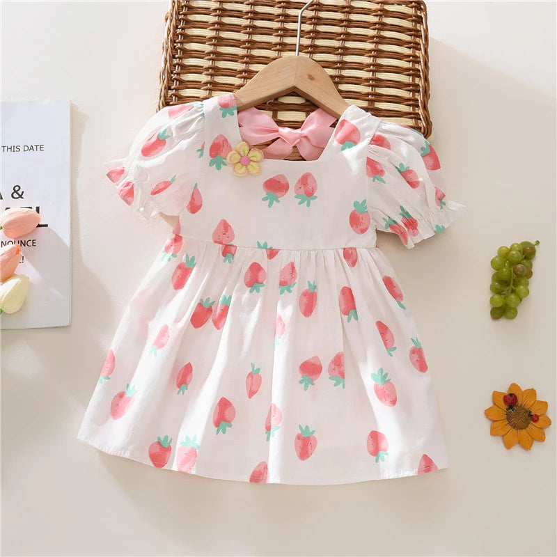 Strawberry Print Baby Girl Flower Backless Dress