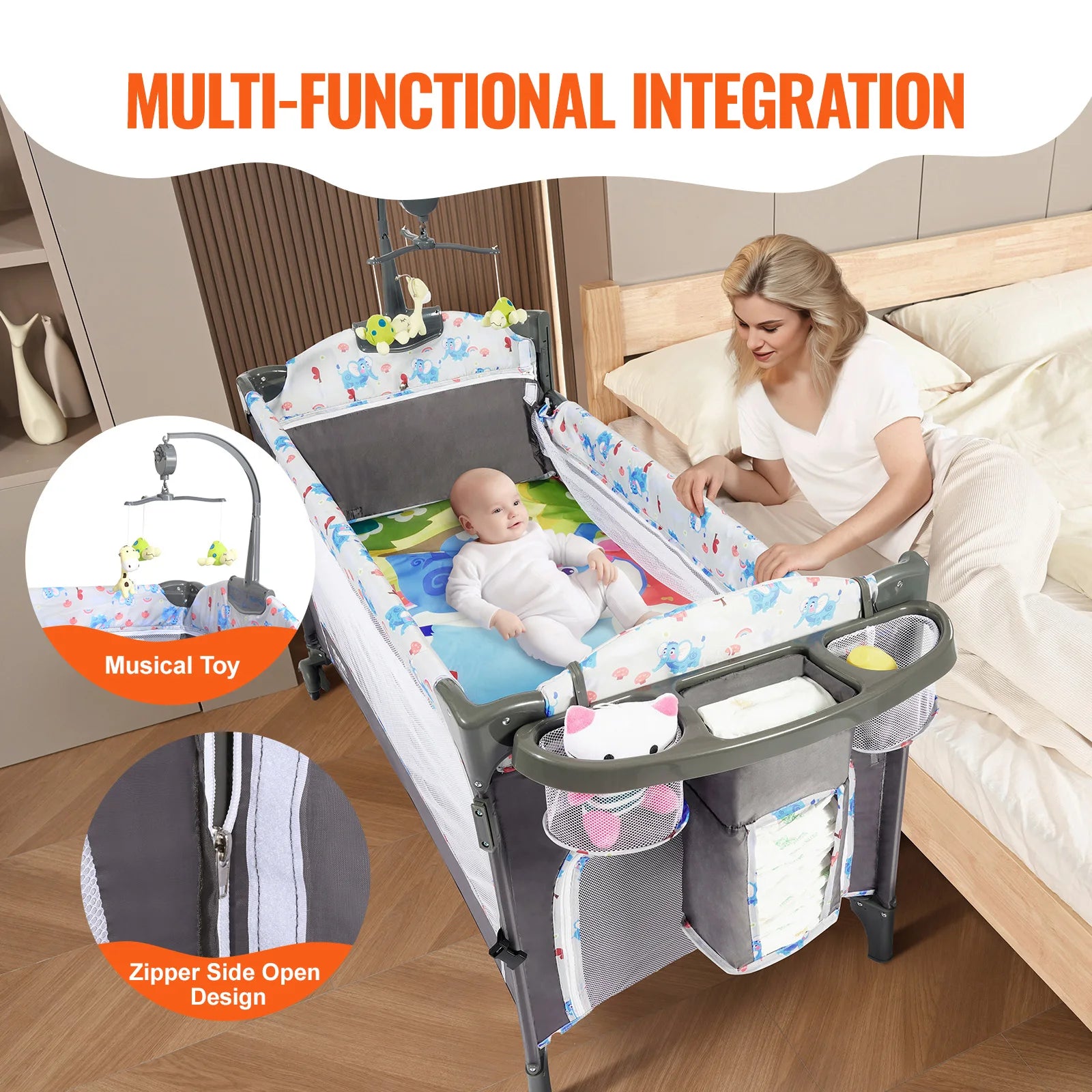 Baby Bedside Bassinet with Wheels and Storage Basket childrensterritory