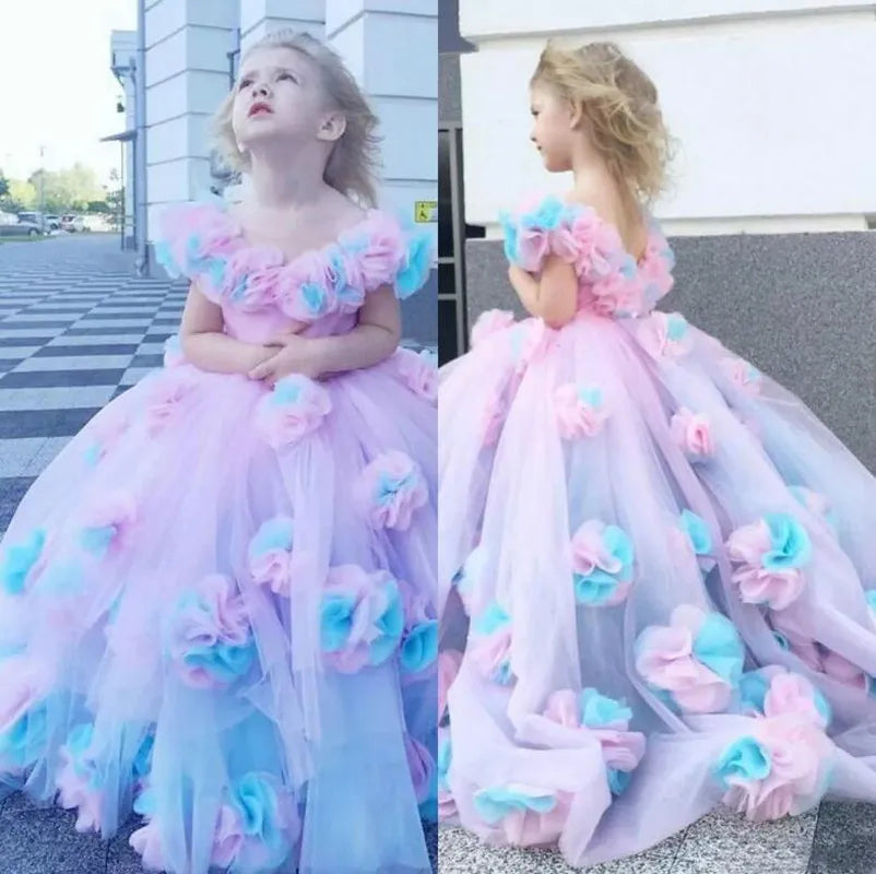Backless Floral Long Train Girls Birthday Party Dresses childrensterritory