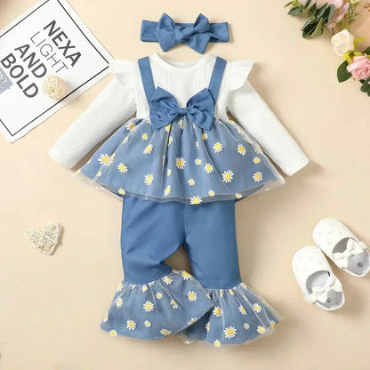3Pcs Newborn Girl Bodysuit, Bow, Floral Pants Clothing Set