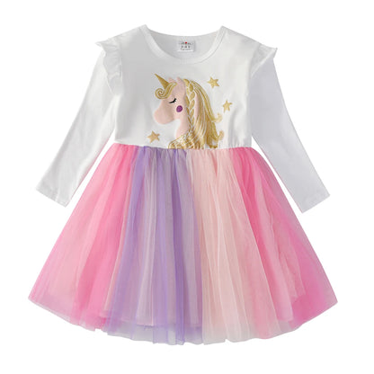 Cartoon Print Long Sleeve Girls Sequined Princess Dresses childrensterritory