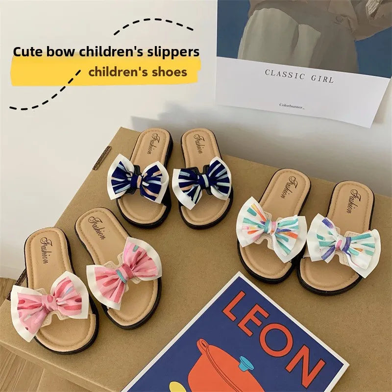 Open-toe Bow Decor Casual Kids Girls Slippers for Indoor/Outdoor