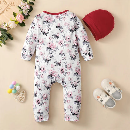 Baby Girl Long Sleeve Flower Bodysuit with Hat