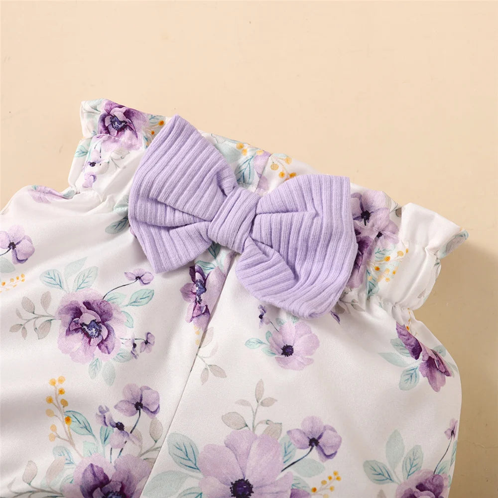Baby Girl 3pcs Bodysuit, Printed Short, Bow Headband Clothing Set childrensterritory