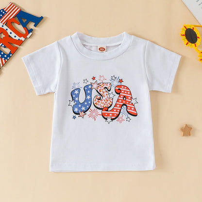 USA Print Tops and Floral Pants Set for Little Girls&