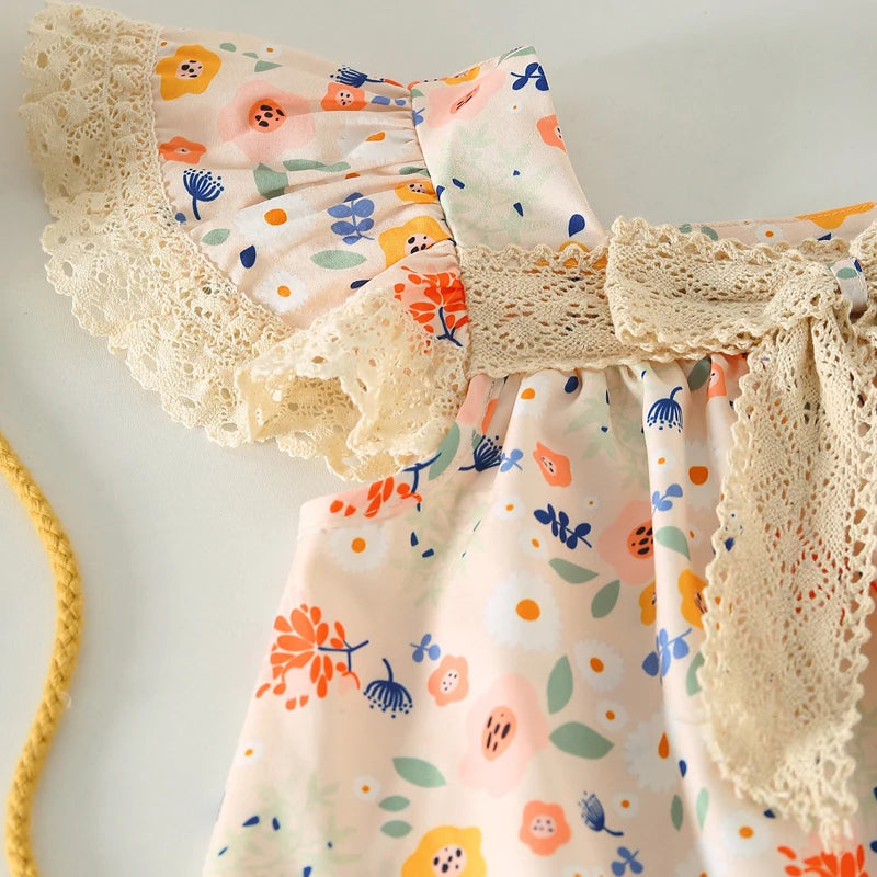 Kids Girls Floral Print Lace Patchwork Summer Princess Dress