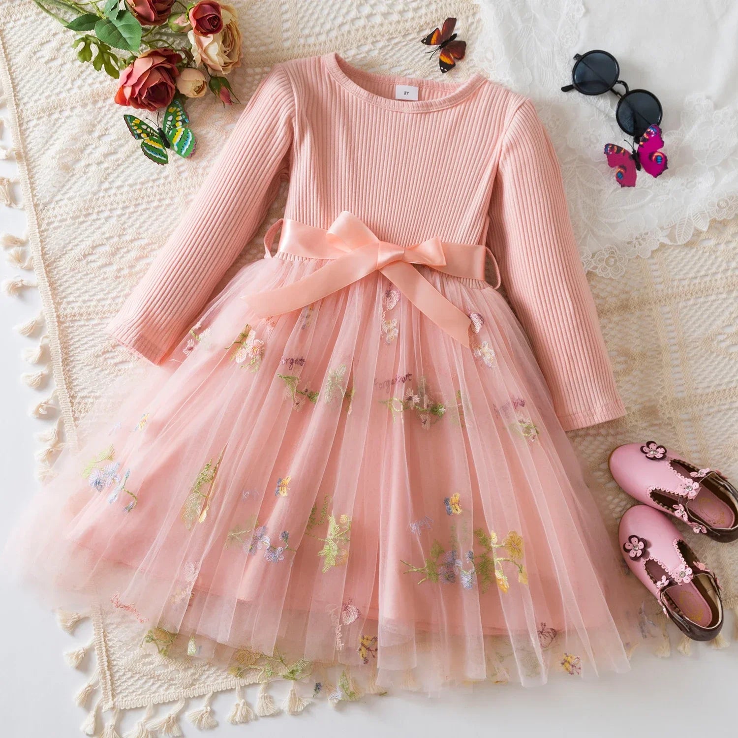 Girls ' Long-Sleeved Flower Design Birthday Party Dress