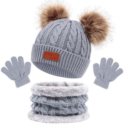 Toddler 3Pcs Cute Pompom Knitted Hats Scarf Gloves Set childrensterritory