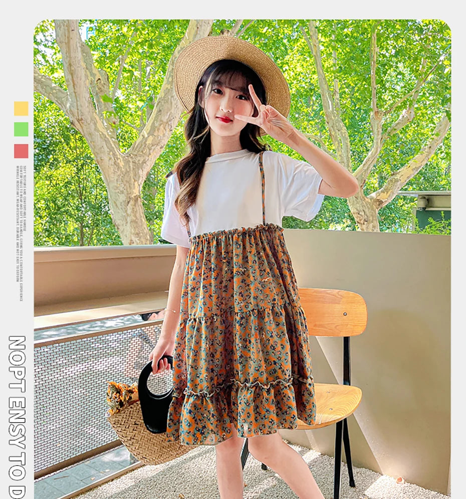 Girls Floral Pattern Patchwork Summer Party Dress childrensterritory