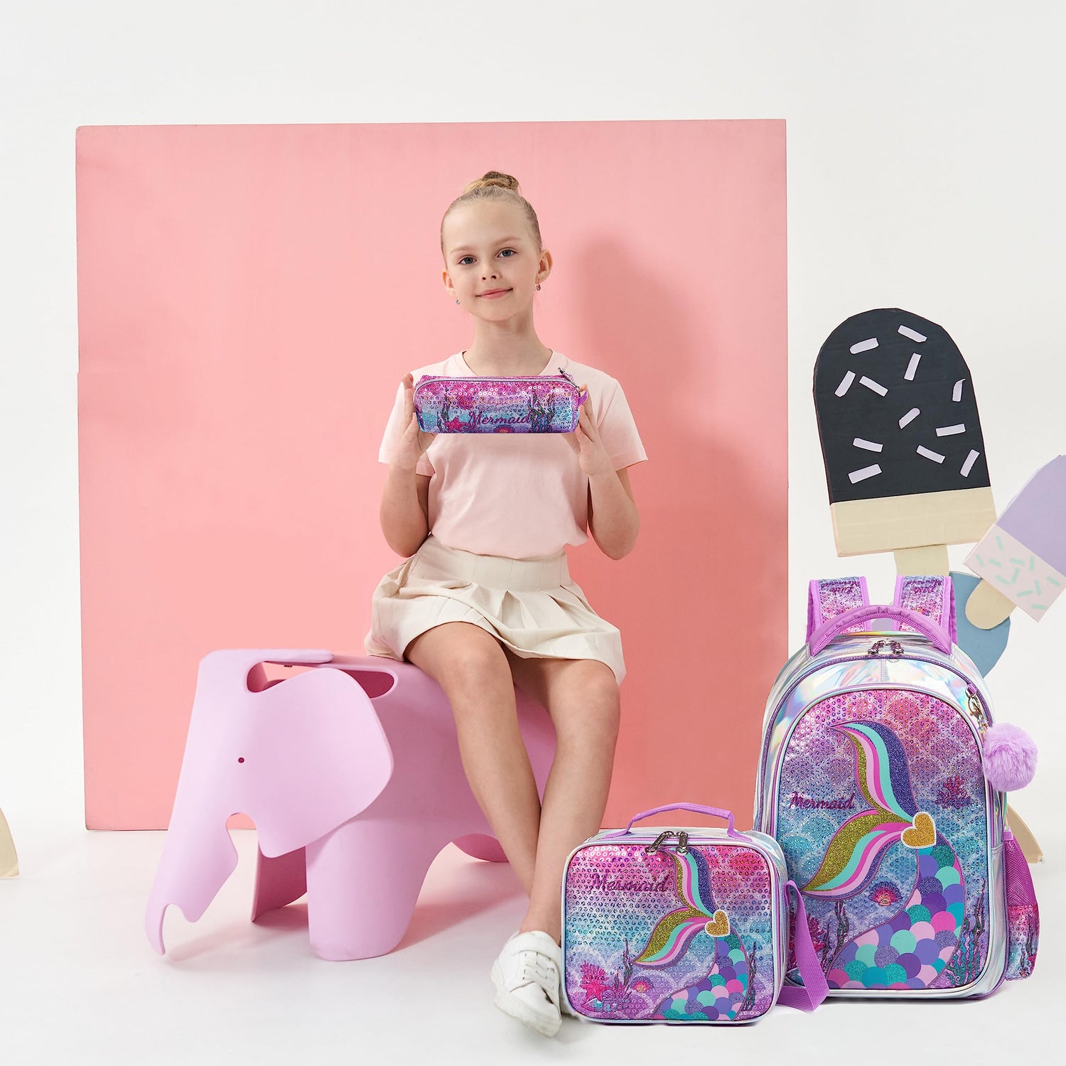 Sequin Mermaid Design Backpack with Lunch Box Set for Kids childrensterritory
