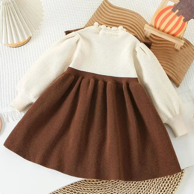 Girls’ Elegant Bow Design Long-Sleeve Warm Dresses